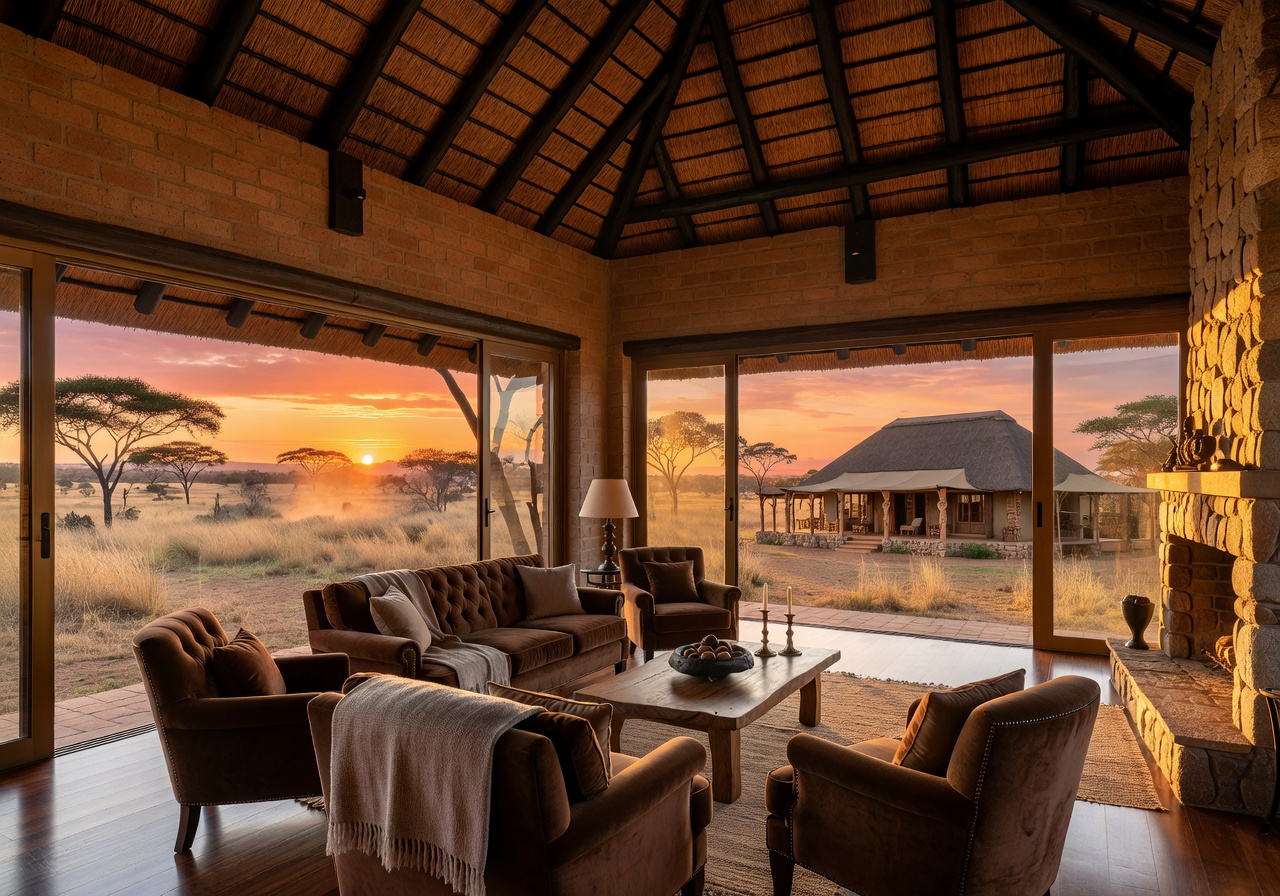 Interior view of a luxury safari lodge with sunset savanna background