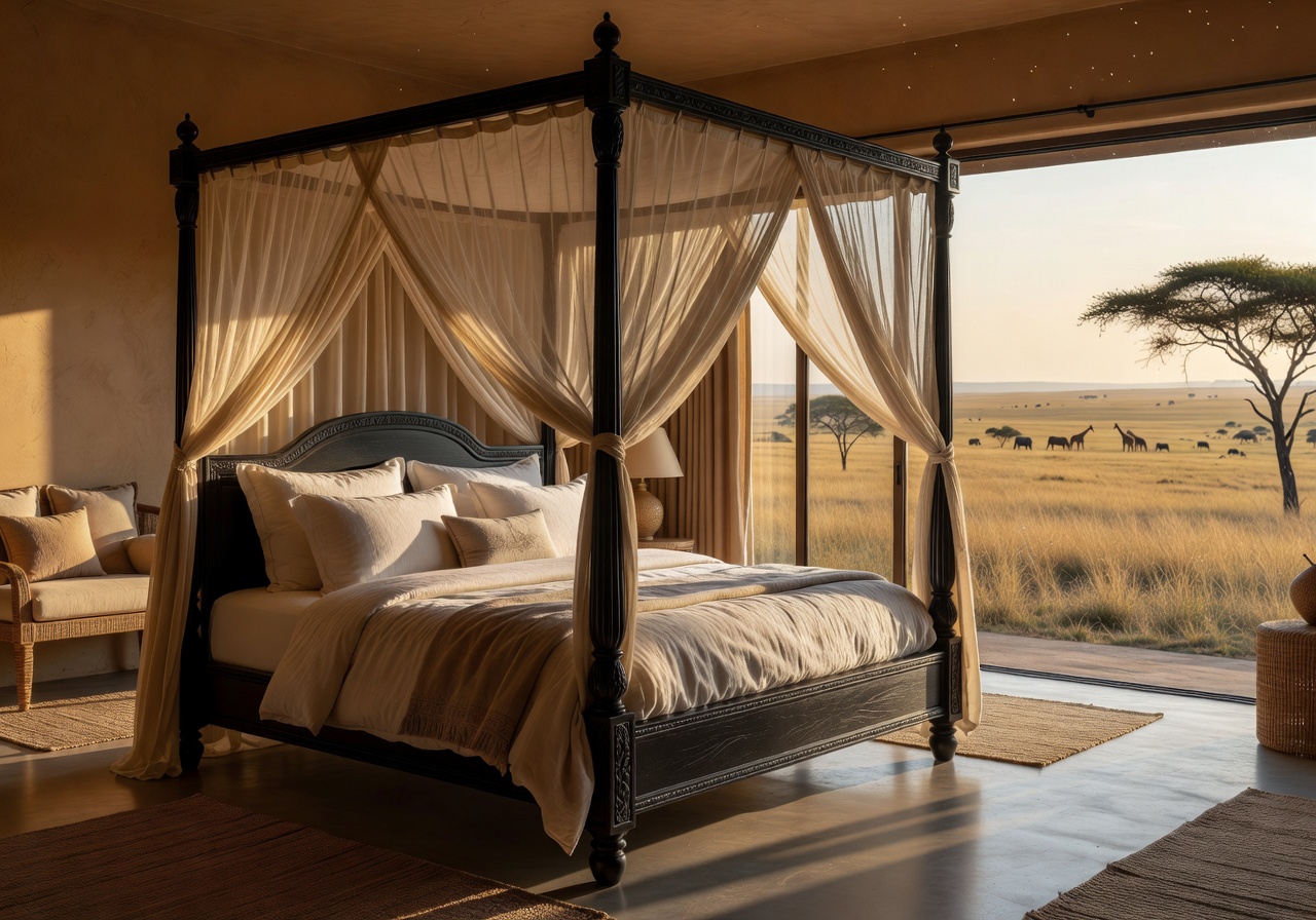 Elegant Safari Suite bed overlooking the savanna plains