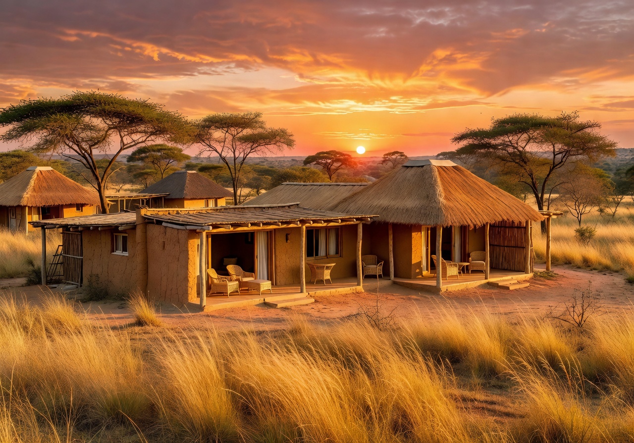 Exterior of the savanna eco-resort during golden hour