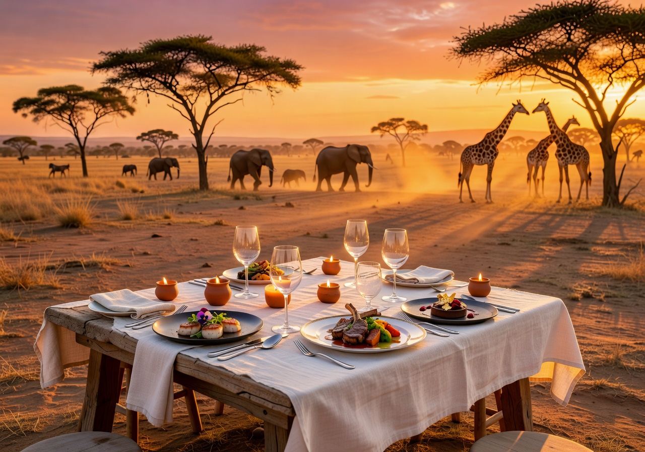 Gourmet dinner setup under a golden African sunset