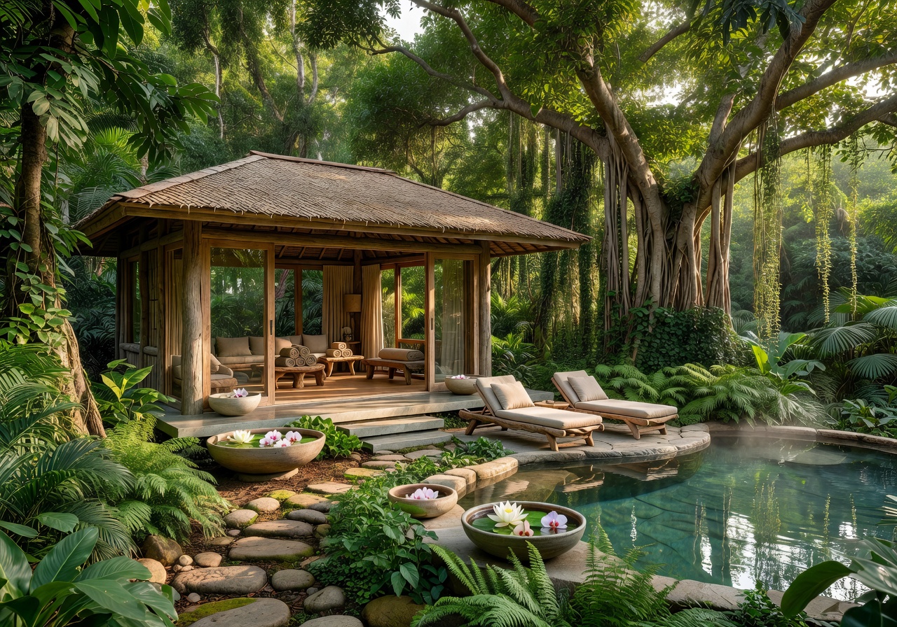 Calming eco-spa retreat surrounded by lush greenery